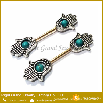 Surgical Steel Bars Hamsa main Turquoise ce anneau Piercing bijoux